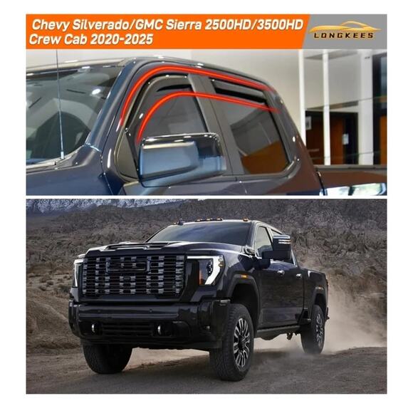 In-Channel Window Visors Rain Guards FIT FIT 2500HD/3500HD 2020-2025 Crew Cab - Picture 2 of 7